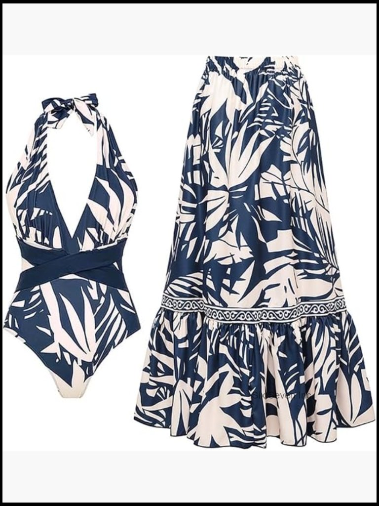 V-Neck Halter Leaf Print One Piece Swimsuit With Skirt